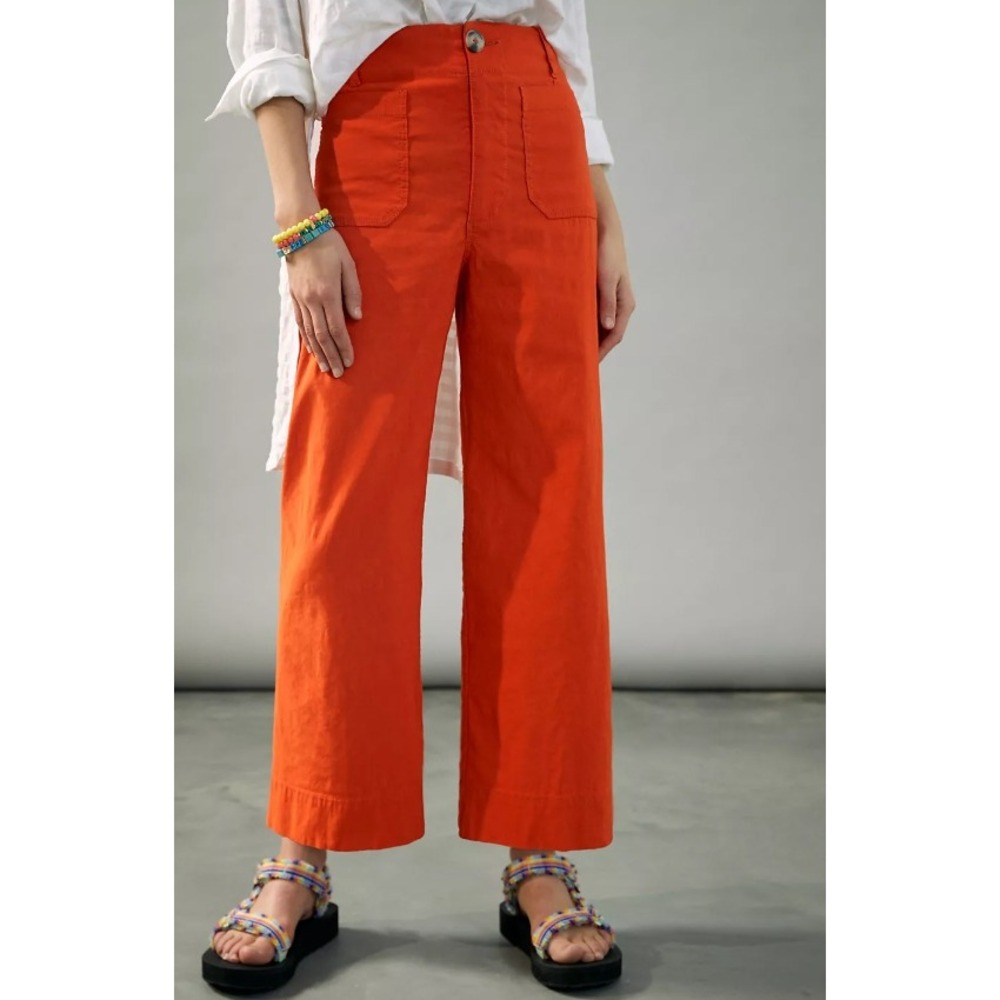Anthropologie Maeve Colette Crop Wide-Leg Pants Orange High Rise Pockets Sz 30T